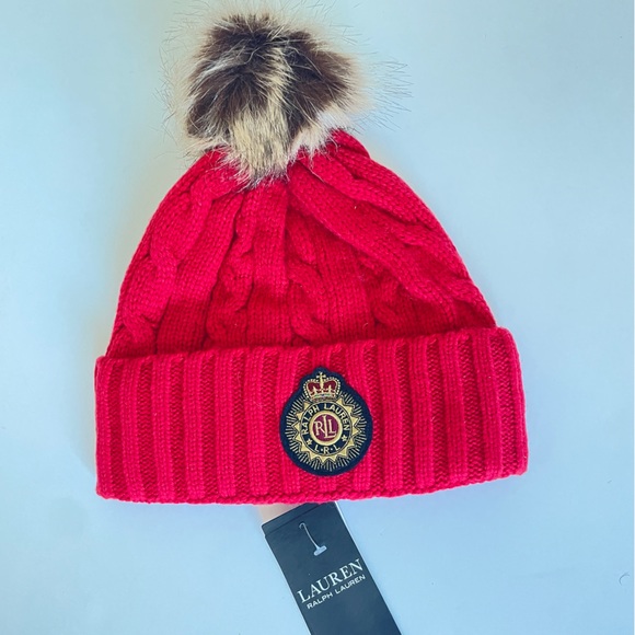 Lauren by Ralph Lauren Cable-Knit Pom-Pom Beanie Red. - Picture 2 of 5